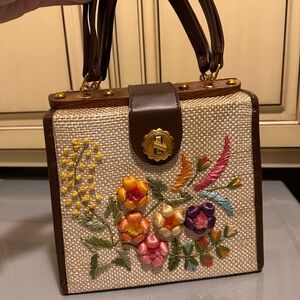 Bags By Whidby Straw and Floral Embroidered Handbag